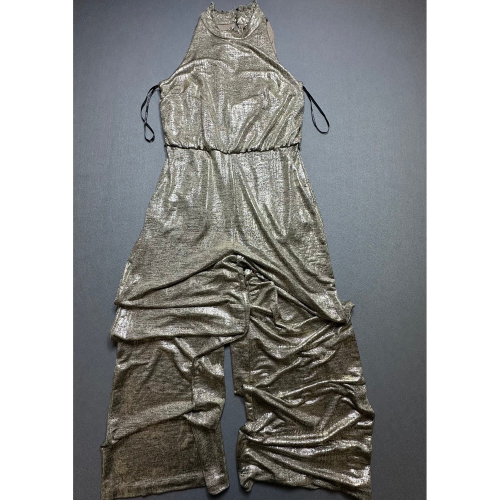 Vince Camuto Metallic Gold Halter Wide Leg Jumpsuit Size 6 Gold Sparkle Party-33